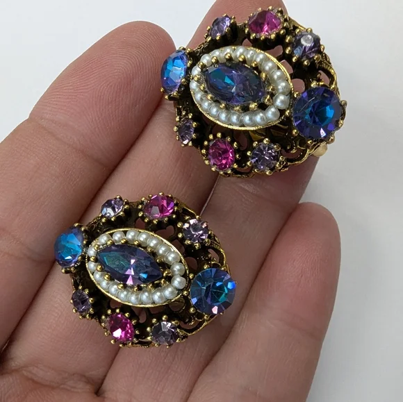 EVC SIGNED WEISS GOLD TONE CRYSTAL RHINESTONES & FX PEARLS HINGE BRACELET & EARR - Picture 9 of 14